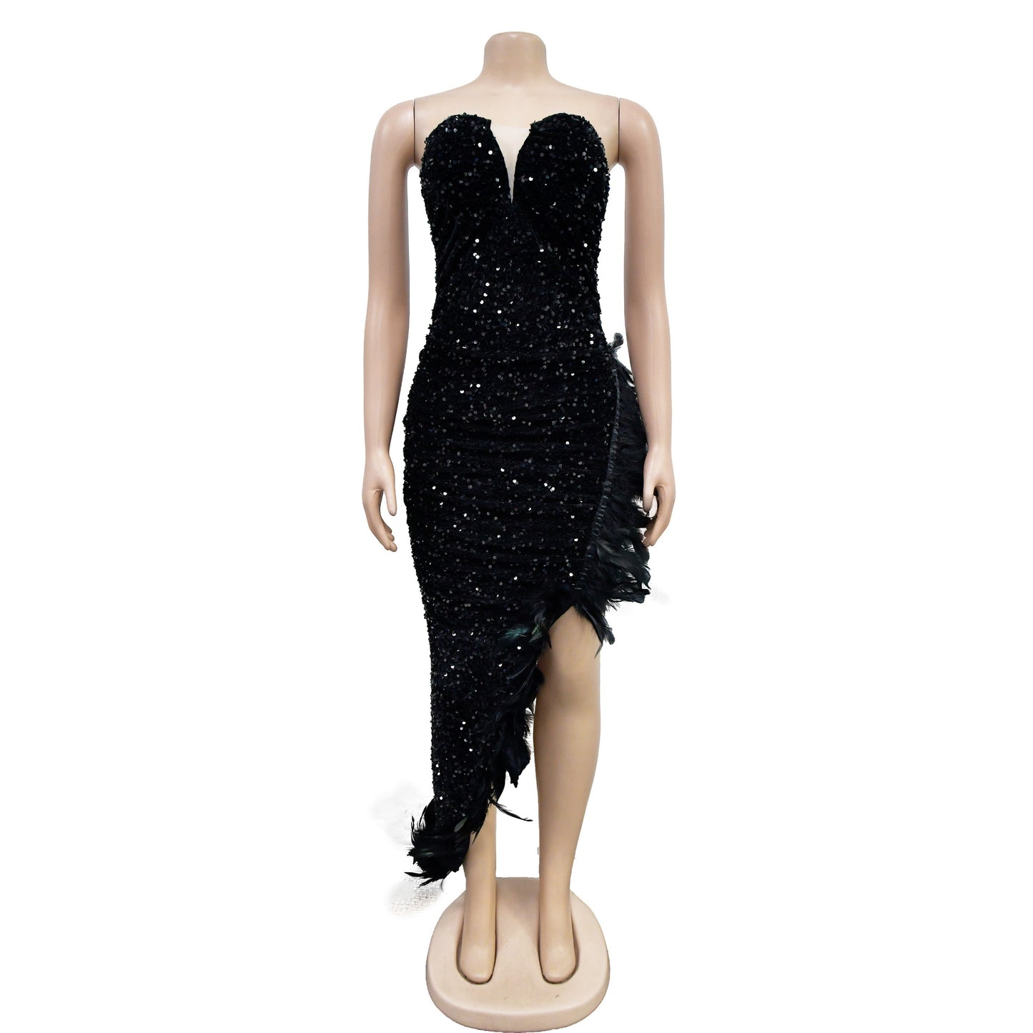 BamBam Women Solid Strapless Backless Sequin Feather Dress - BamBam Clothing Clothing