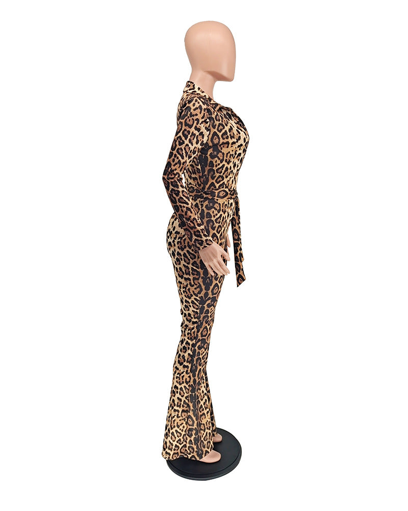 BamBam Women's Autumn Sexy Leopard Print Wide Leg Jumpsuit - BamBam Clothing