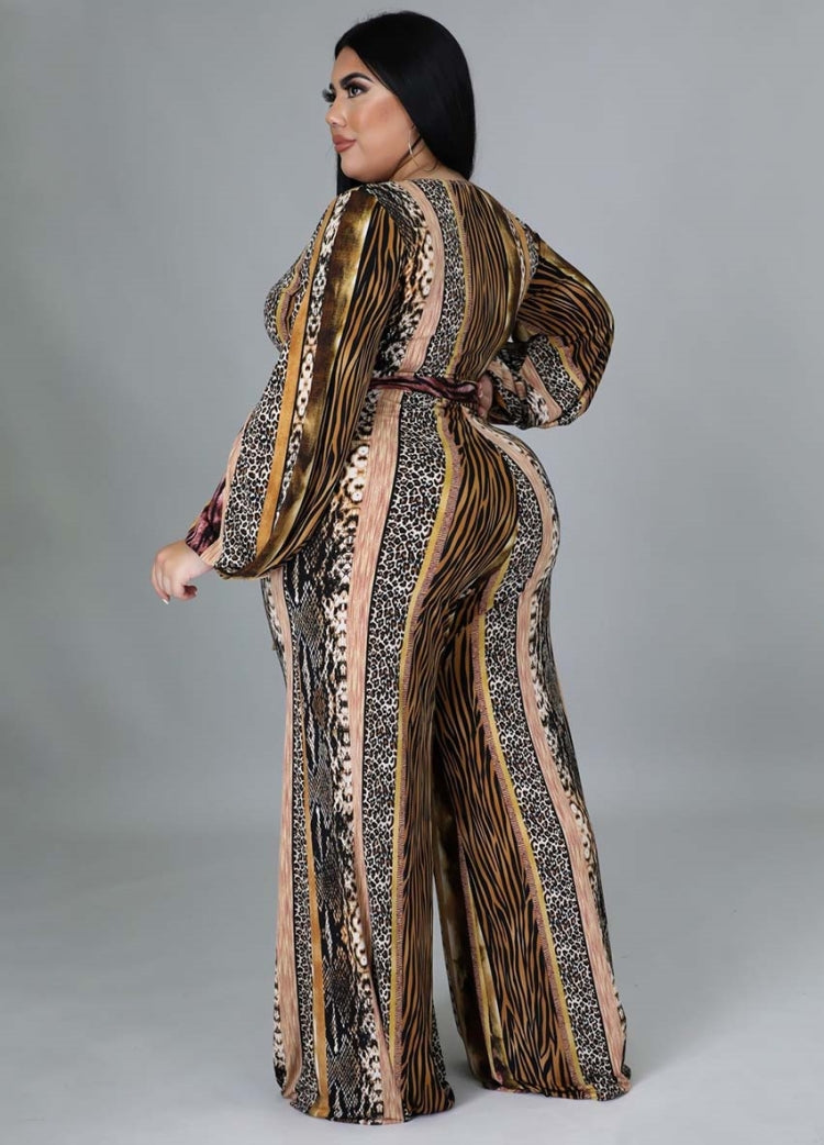 BamBam Autumn Plus Size Leopard Print V-Neck Formal Jumpsuit with Belt - BamBam Clothing