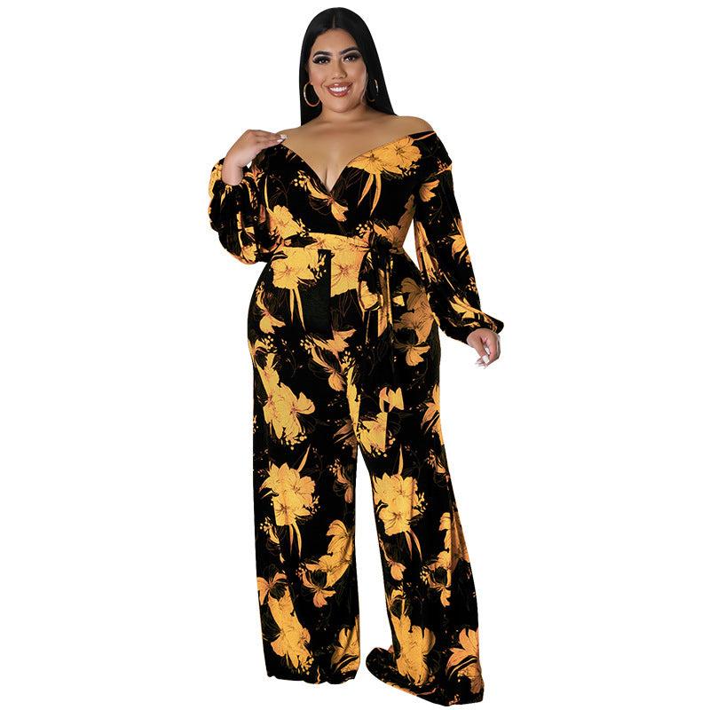 BamBam Plus Size Women Fall Print V-Neck Off Shoulder Jumpsuit - BamBam Clothing