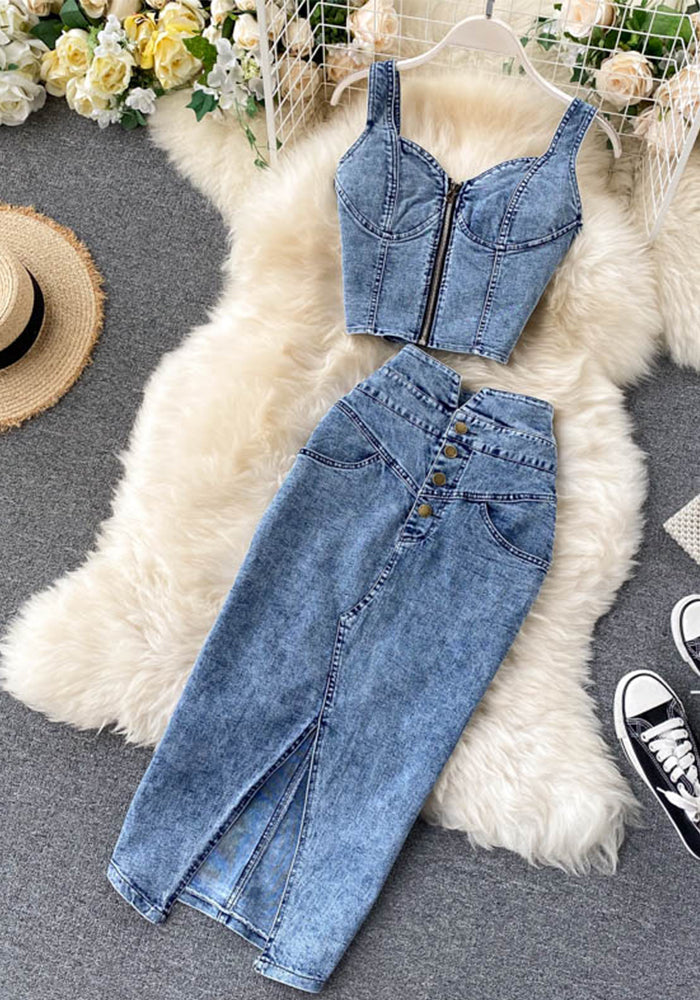 Women Feminine Crop Top and Denim Skirt Two-piece Set