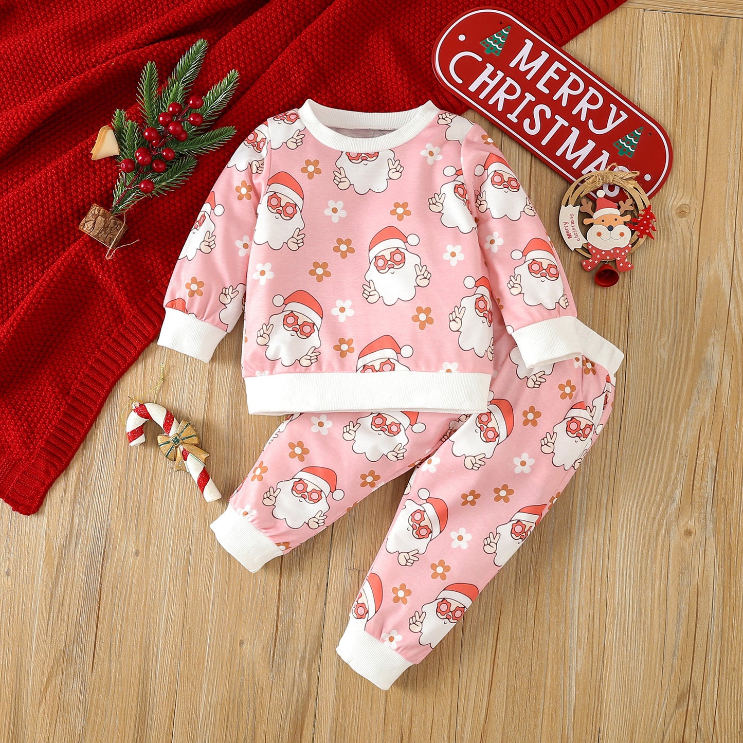 BamBam Christmas Girl cartoon Santa Claus printed long-sleeved Top and Pant two-piece set - BamBam