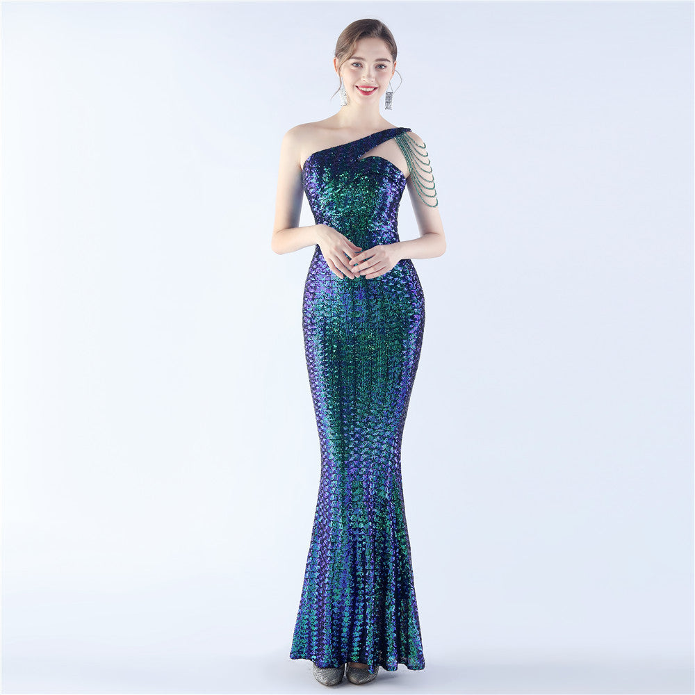 BamBam Women Beaded One Shoulder Slash Shoulder Evening Dress - BamBam Clothing