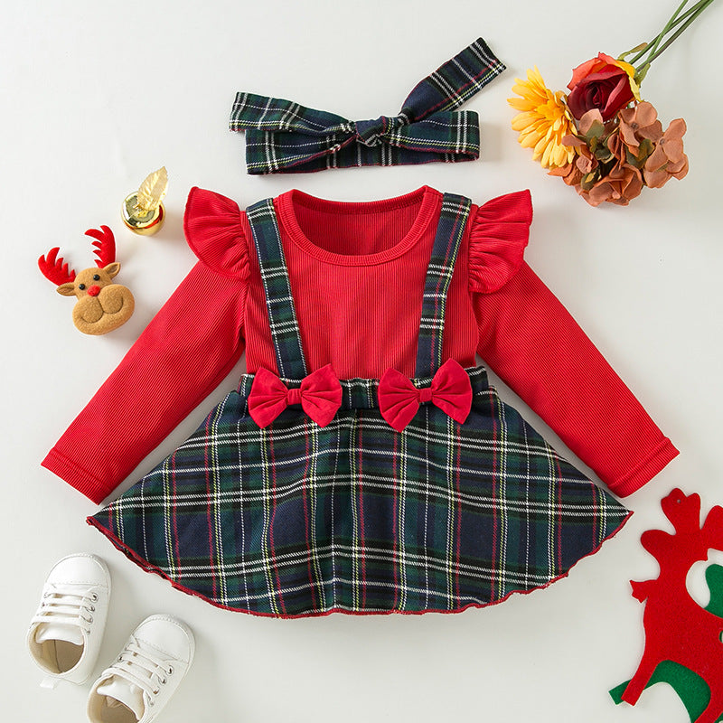 BamBam Baby Christmas Newborn Clothes Baby Long-Sleeved Fake Two-Piece Bow Plaid Dress - BamBam