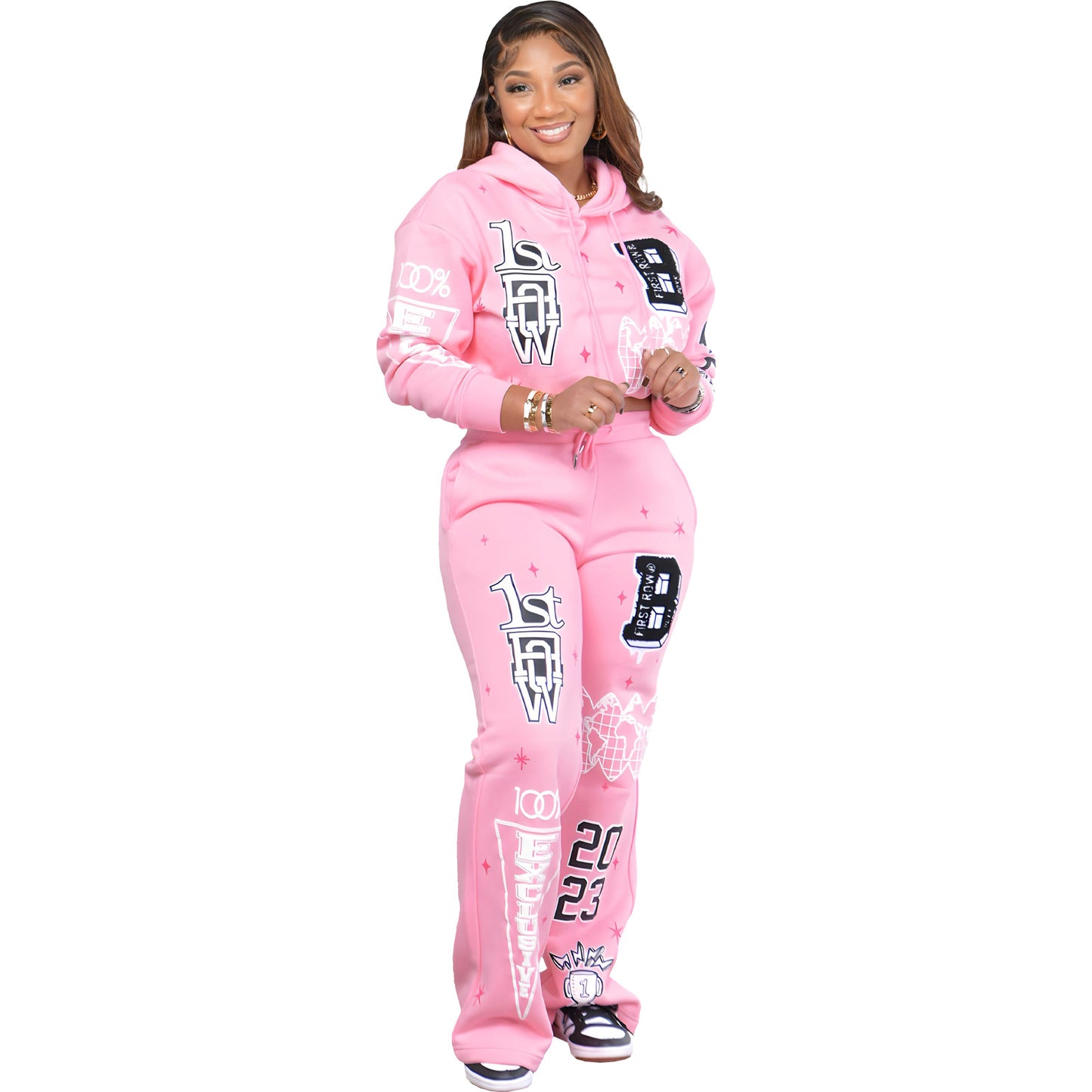 BamBam Women Fall/Winter Casual Print Hoodies and Pant Two-piece Set - BamBam