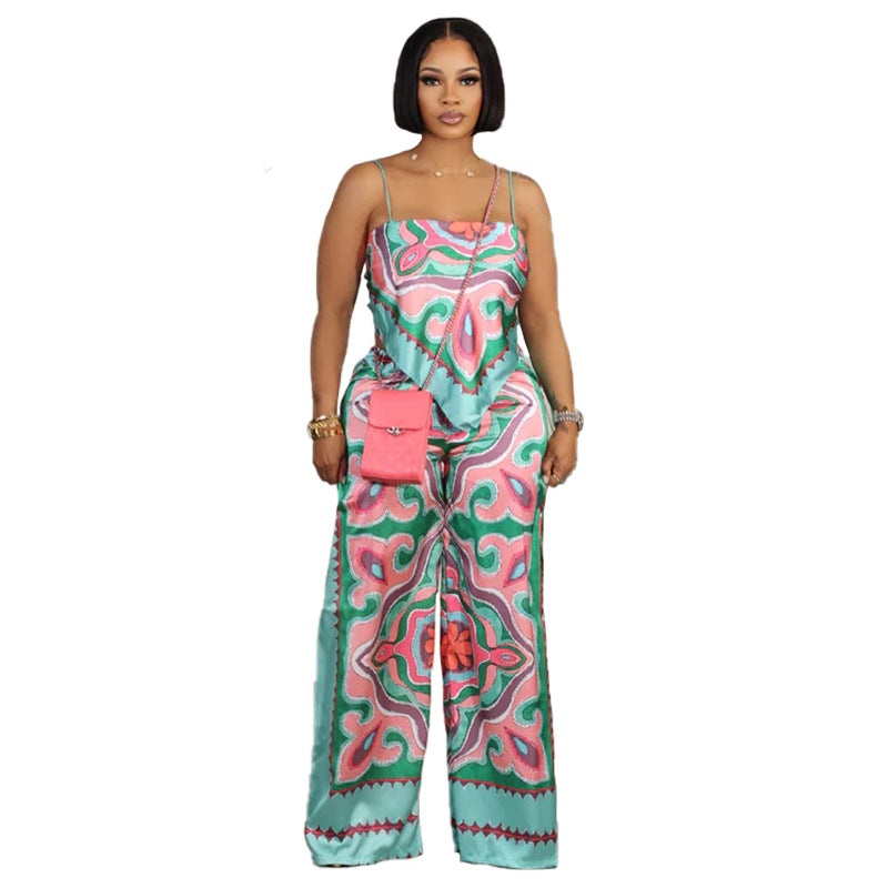 BamBam Women summer printed sexy suspenders Top and straight pants two-piece set - BamBam