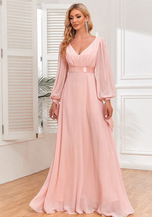 Pink Chiffon Dress Lace-Up Long Sleeves V-Neck Patchwork Elastic Waist Full Swing Evening Dress