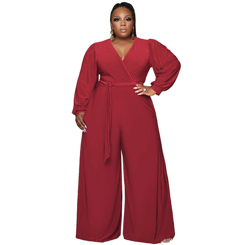 BamBam Winter Red V-Neck Wrap Long Sleeve Wide Legges Plus Size Jumpsuit - BamBam Clothing