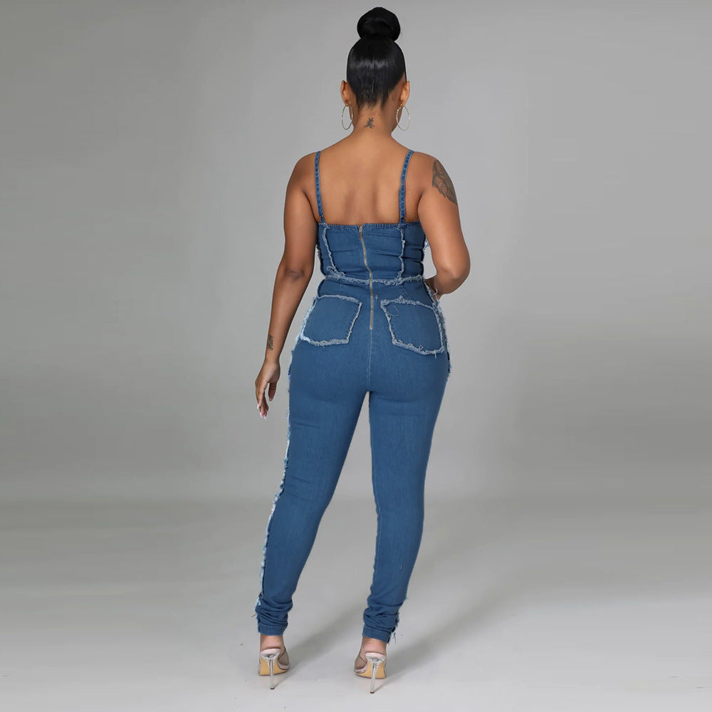 BamBam Women Sexy Cutout Tassel Zipper Suspenders Denim Jumpsuit - BamBam Clothing