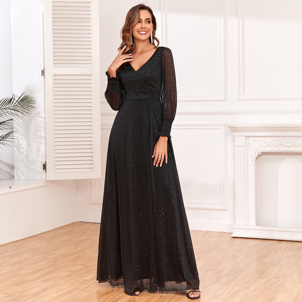 BamBam Women See-Through Long Sleeve V-Neck Slit Maxi Dress - BamBam Clothing