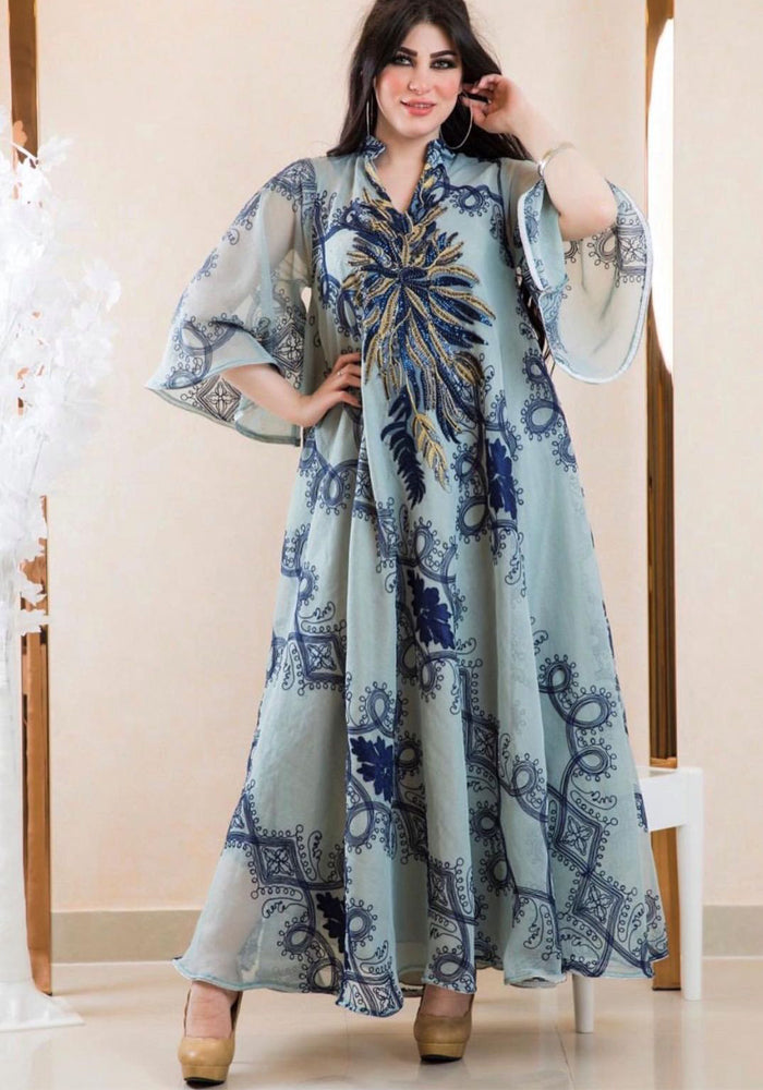 Women Spring Printed Embroidery Islamic Clothing Kaftan Abaya Muslim Dress