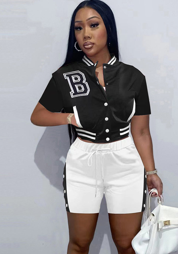 Women Summer Contrast Pocket Baseball Top and Shorts Sports Two-Piece Set