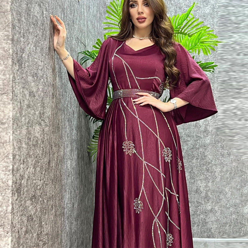 BamBam Muslim Abaya Leaf Pattern Beaded Dubai Robe Dress With Diamond Belt - BamBam