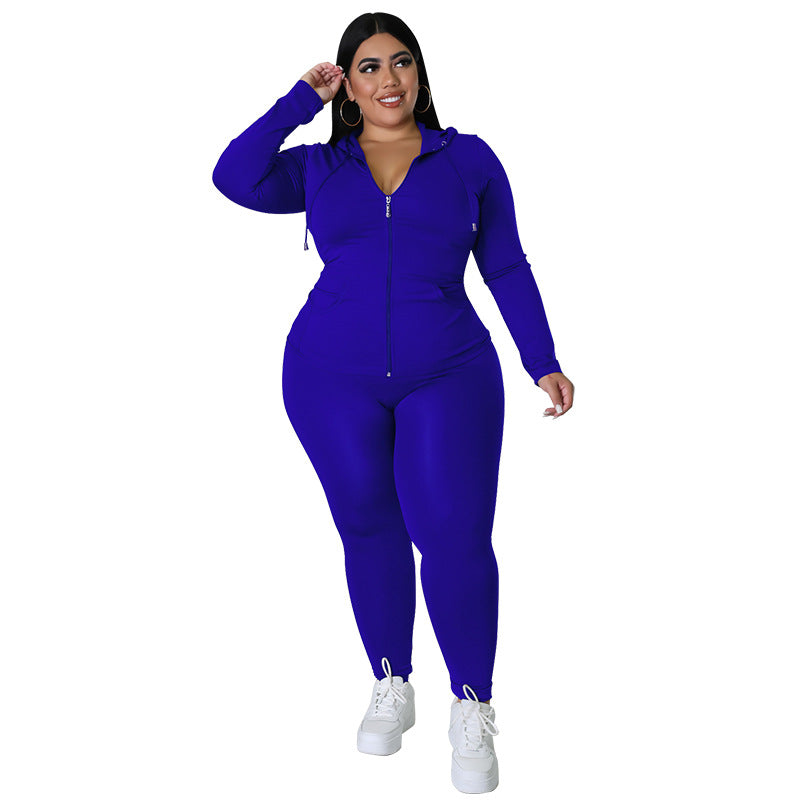 BamBam Plus Size Women's Solid Fall Hood Long Sleeve Pants Fashion Casual Set - BamBam Clothing