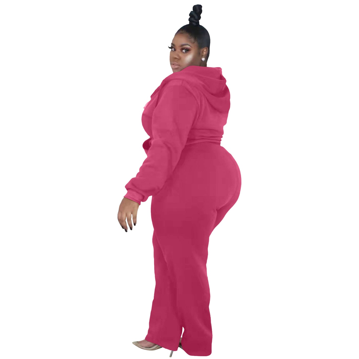 BamBam Plus Size Women's Fashion Casual Solid Color Autumn And Winter Hooded Two Piece Tracksuit - BamBam