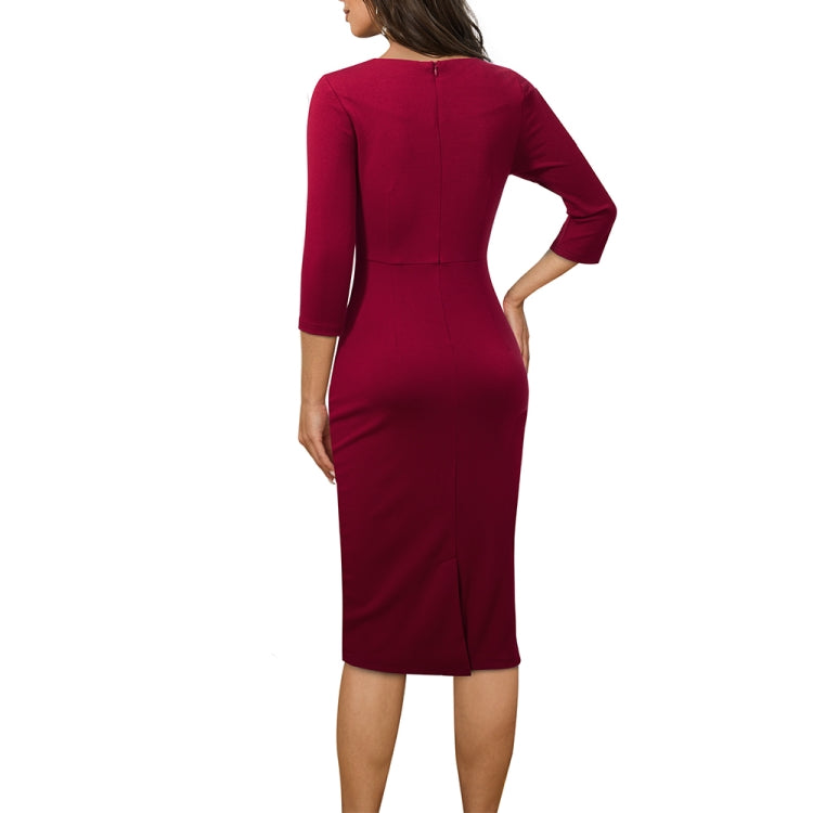 BamBam Career Ladies Square Neck 3/4 Sleeve Patchwork Ruched Tight Fitting Midi Dress - BamBam