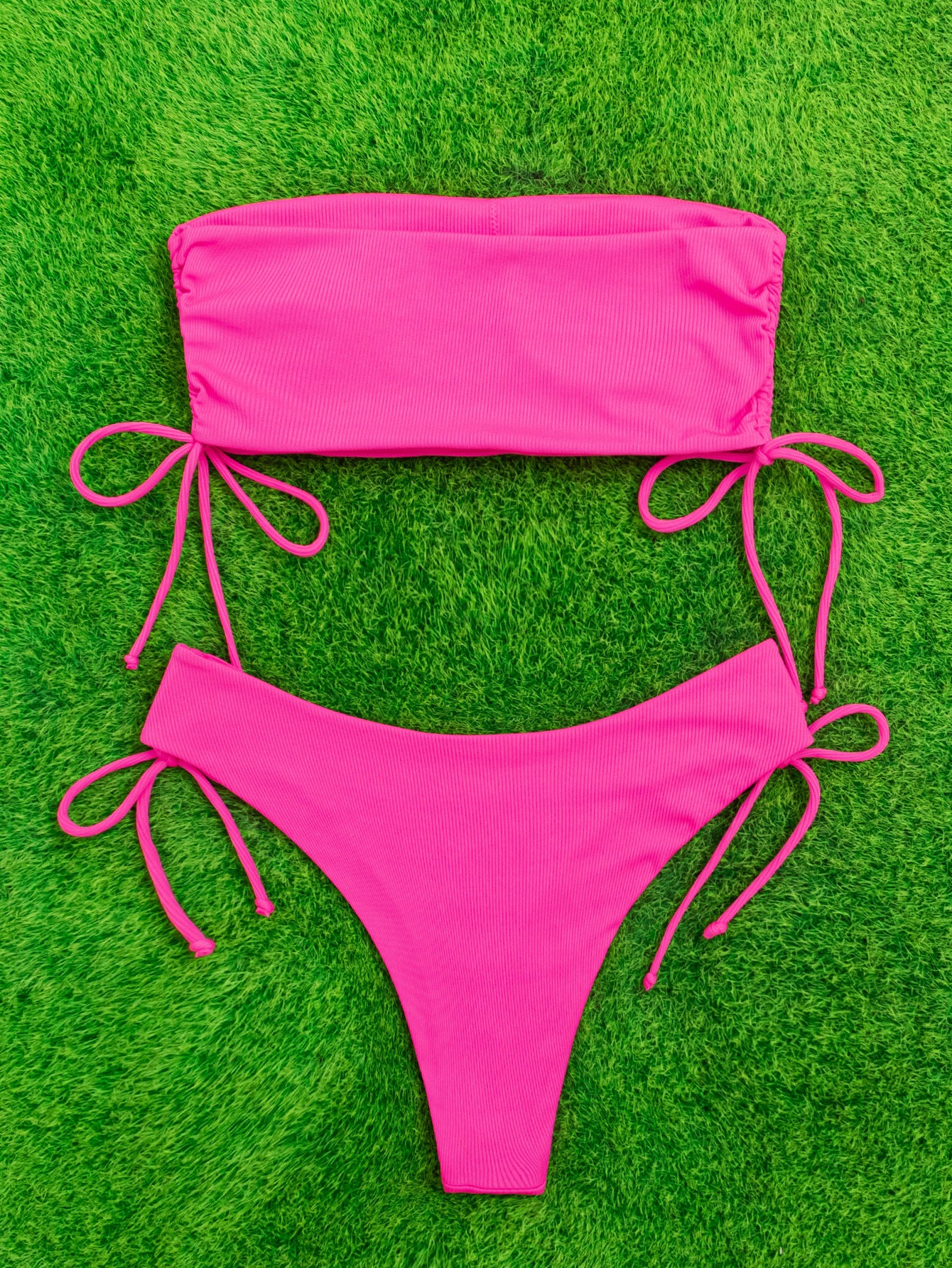 BamBam Solid Color Ribbed Strapless Drawstring Sexy Two Pieces Bikini Swimsuit - BamBam