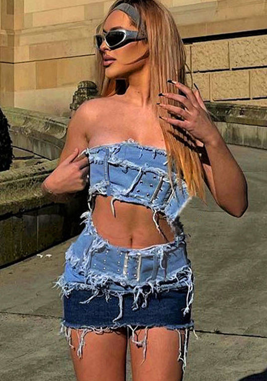 Denim Patchwork Distressed Strapless Crop Vest High Waist Miniskirt Two Piece Set