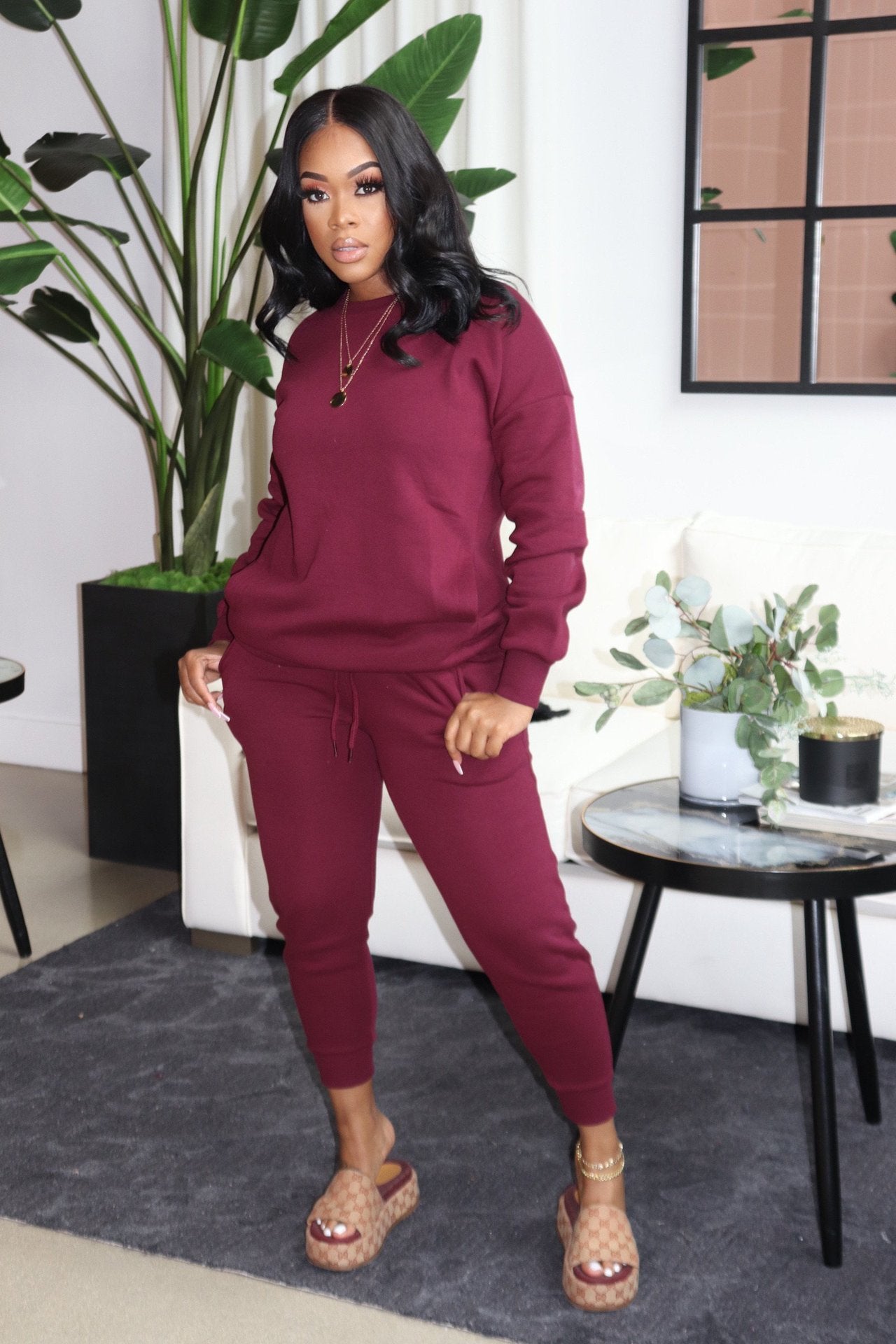 BamBam Women fleece Solid Stretch Top and Pant Sports Casual Two-piece Set - BamBam
