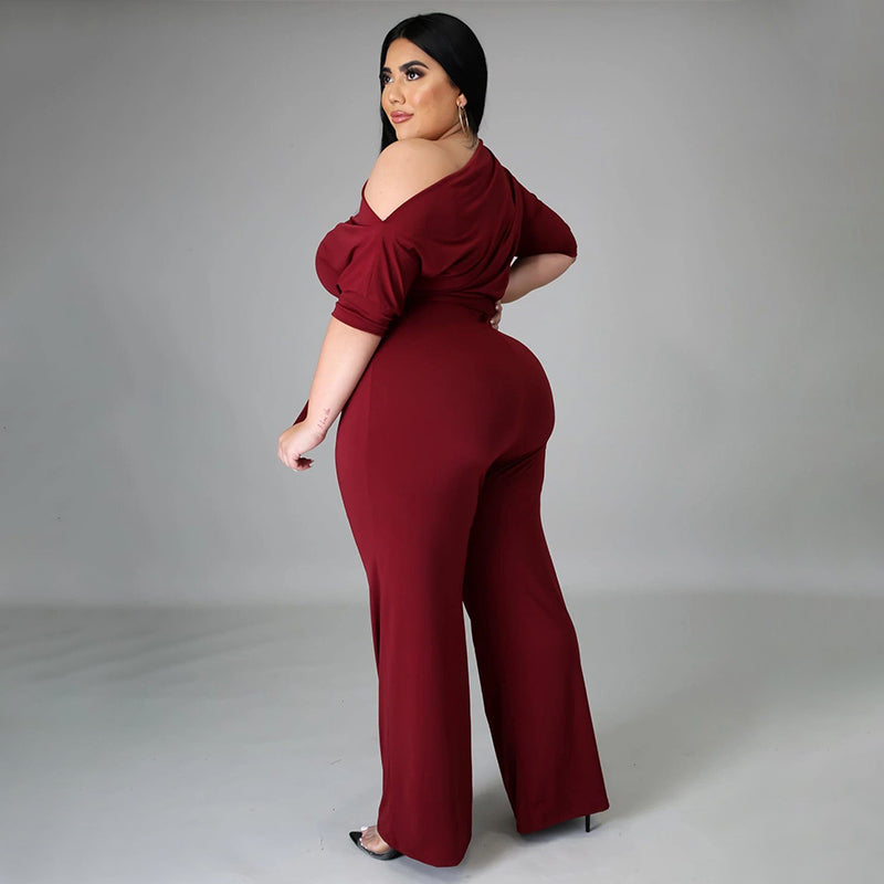 BamBam Plus Size Solid Plain Slash Shoulder Formal Jumpsuit - BamBam Clothing