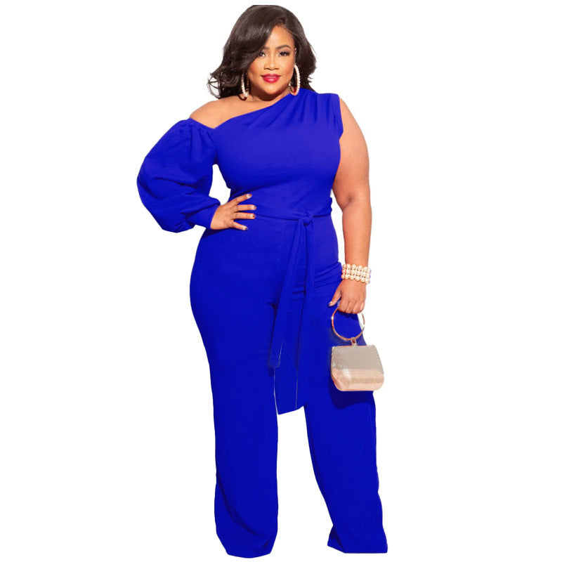 BamBam Fall Plus Size Women'S Slash Shoulder Single Sleeve Wide Leg Jumpsuit With Belt - BamBam Clothing