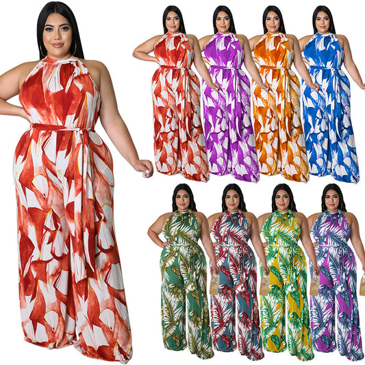 Plus Size Women Holidays Casual Print Sleeveless Jumpsuit