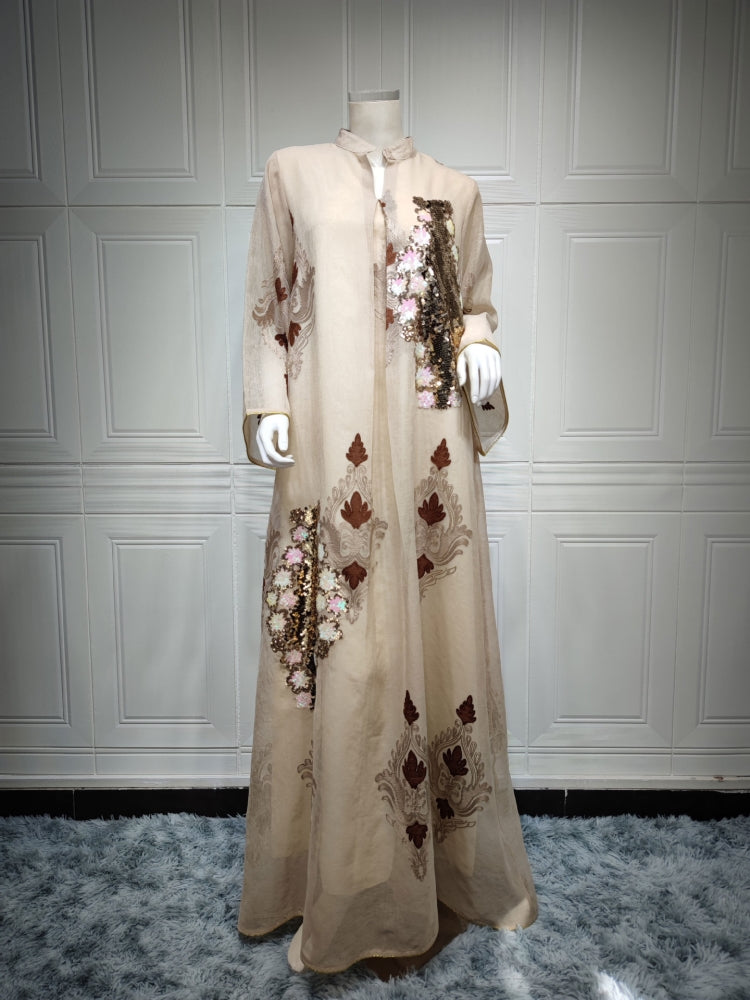 BamBam Spring Sequins Embroidered Apricot V-neck Long Sleeve Maxi Dress Middle East Dubai Muslim Dresses - BamBam