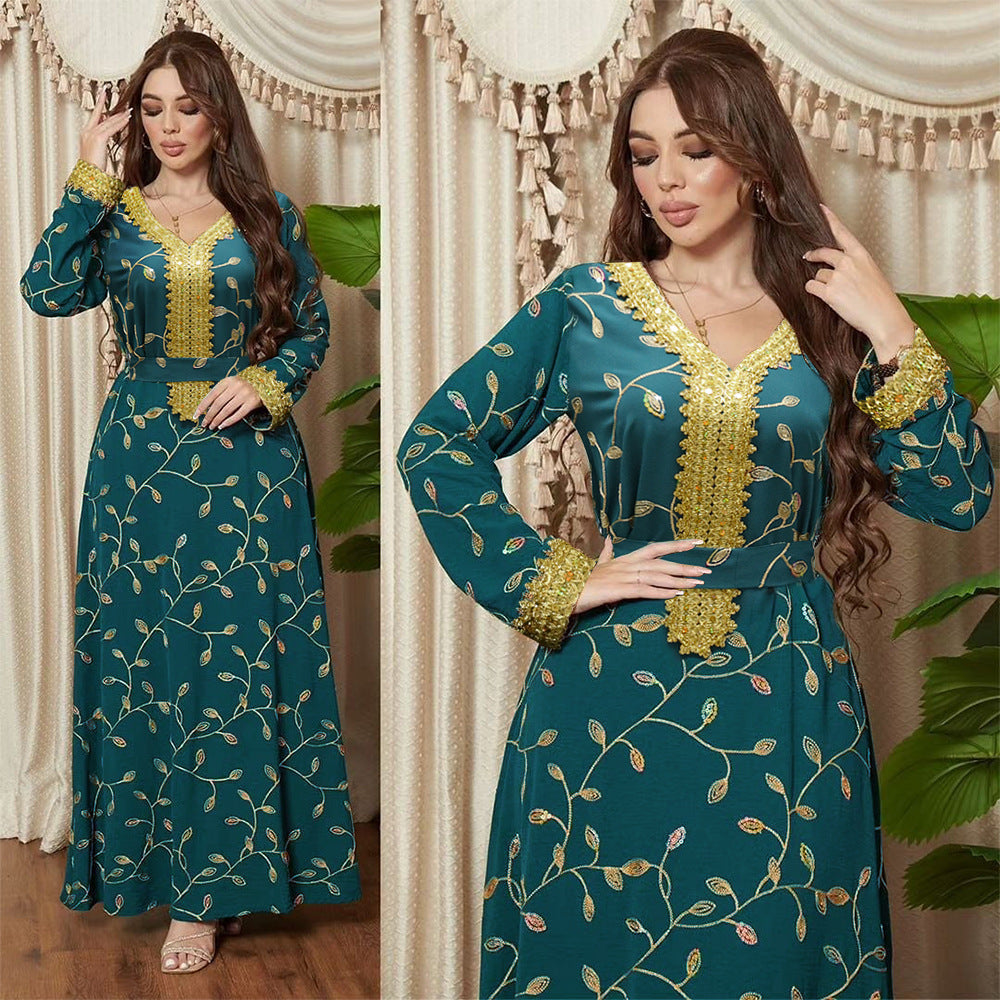 BamBam Saudi Clothing Arabian Fashion Sequin Embroidery Gold Lace Embroidered Robe - BamBam