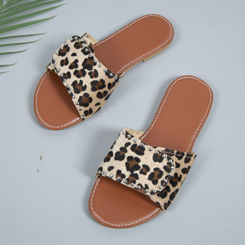 BamBam Plus Size Slippers Women's Leopard Print Round Toe Velcro Flat Simple Casual Flat Sandals For Women - BamBam