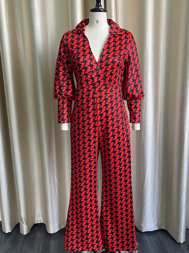 BamBam Spring Elegant Plus Size Red Plaid V-neck Puff Sleeve Loose Jumpsuit - BamBam Clothing