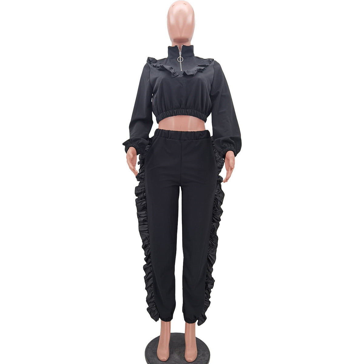 BamBam Trendy Women's Solid Color Zipper Ruffle Fashion Casual Sports Two Piece Pants Set - BamBam