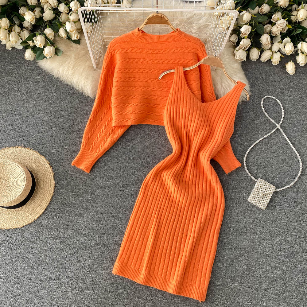 BamBam Women French sexy Bodycon Strap Dress +and loose knitting sweater two-piece set - BamBam