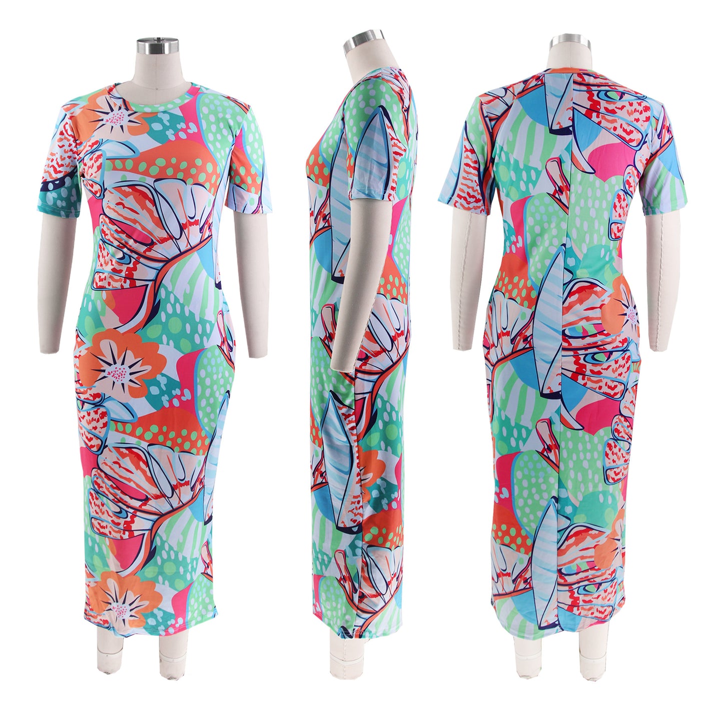 BamBam Summer Ladies Fitted Round Neck Painted Print Dress - BamBam