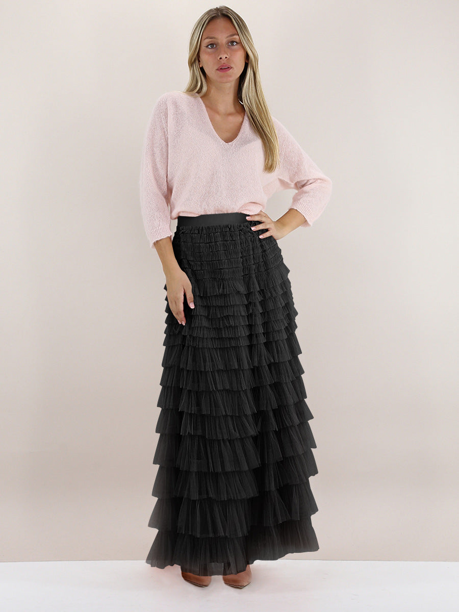 BamBam Autumn Women's Solid Color Chic Elegant High Waist A-Line Puff Mesh Long Skirt - BamBam