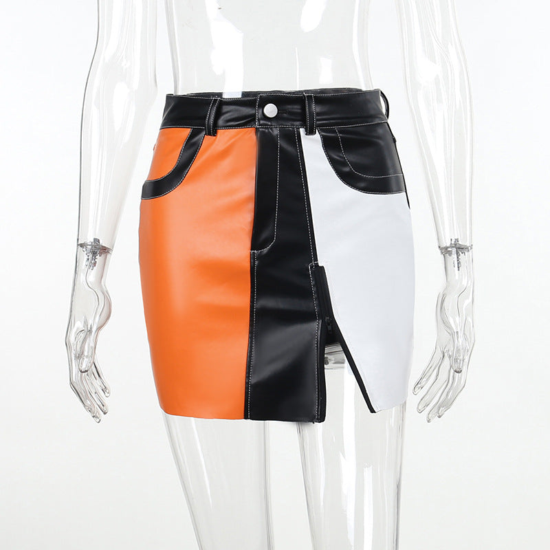 BamBam Zipper Contrast Color Summer Sexy Bodycon Short Leather Skirt For Women - BamBam