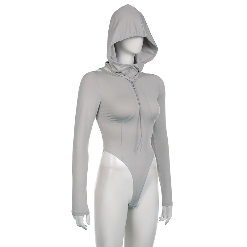 BamBam Women Long Sleeve Irregular Hollow Backless Drawstring Hooded Bodysuit - BamBam