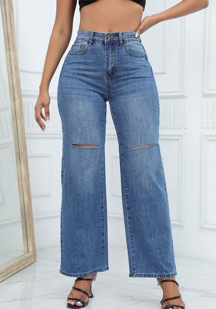 Jeans Blue Wide Leg Straight Denim Trousers