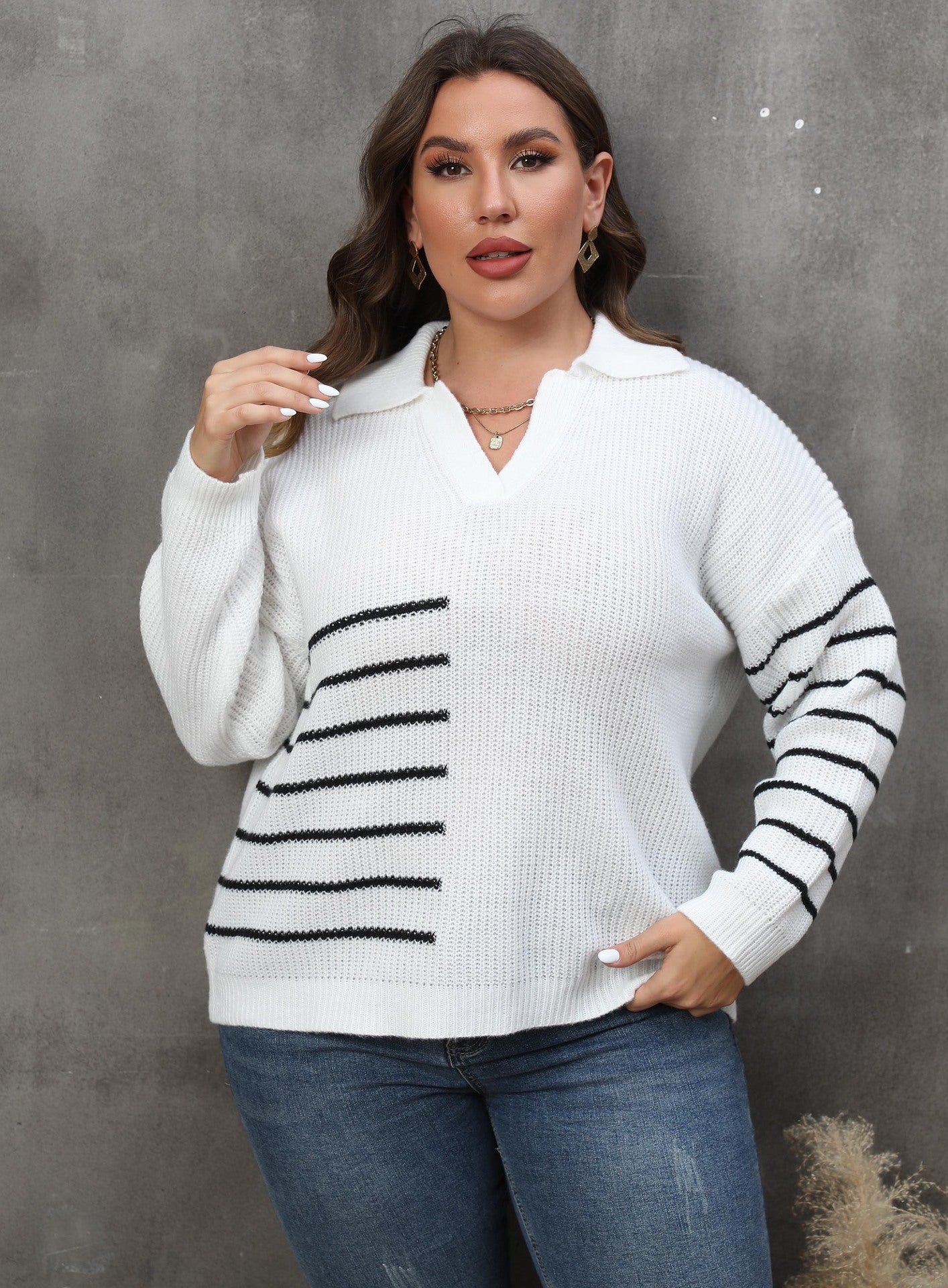 BamBam Ladies Pullover Knit Top Plus Size Women's Fall Winter Contrasting Color Patchwork Striped Turndowm Collar Sweater - BamBam