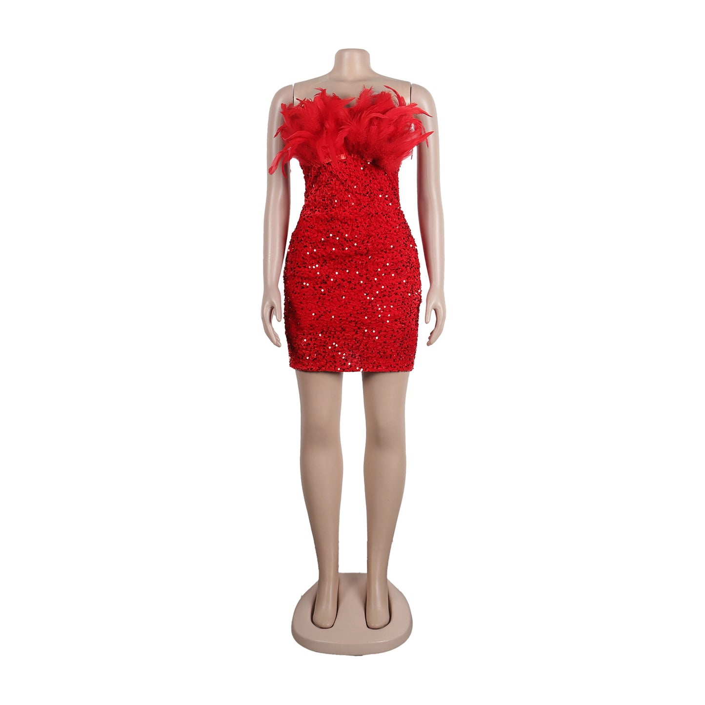 BamBam Sexy Feather Sequin Strapless Tight Fitting Slim Bodycon Dress - BamBam Clothing Clothing