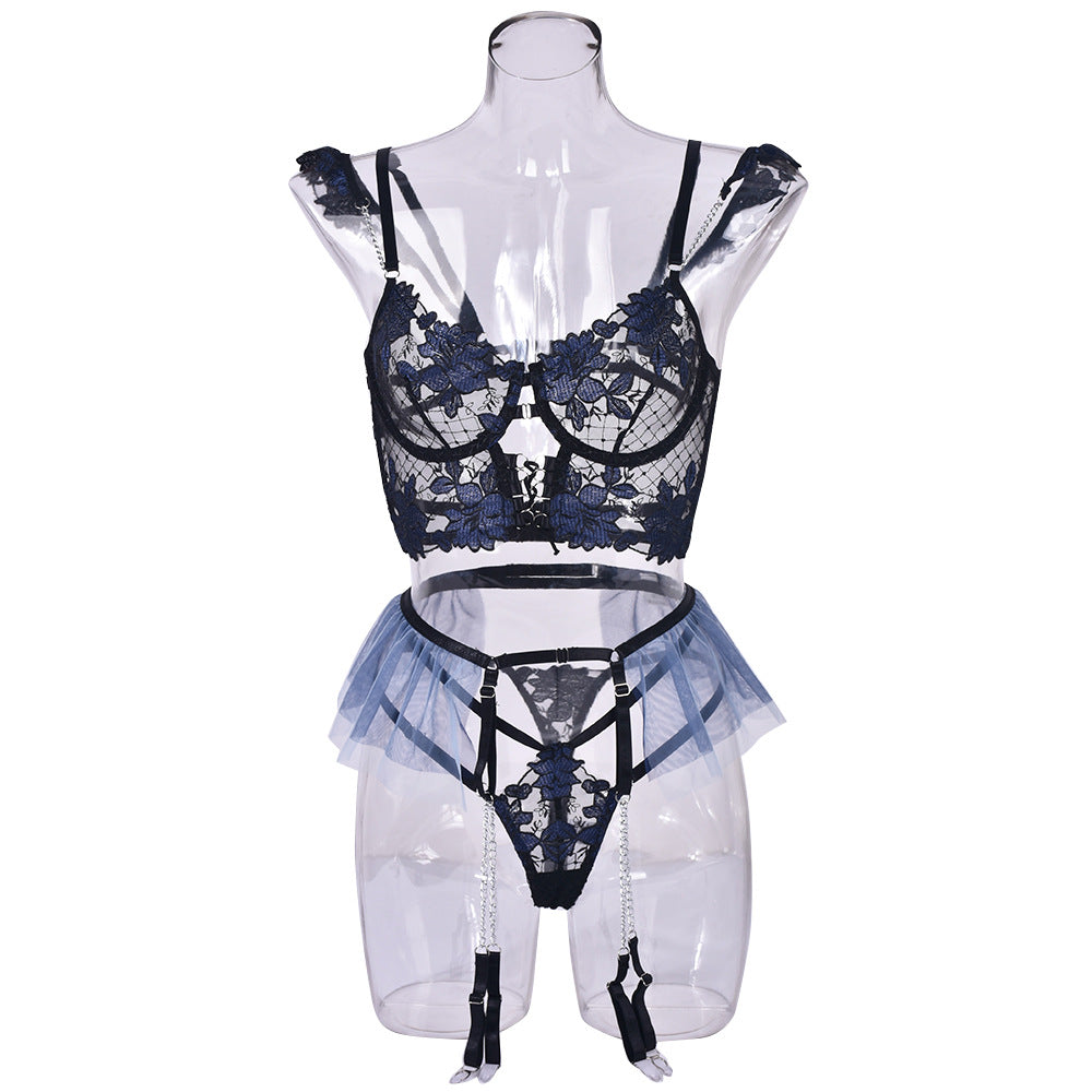 BamBam Women Contrasting Mesh Embroidery Sexy Lingerie Three-Piece - BamBam