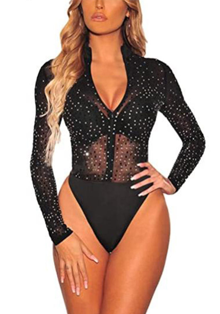 Transparent Mesh Sexy Black Rhinestone Zipper Turtleneck See-Through Tight Fitting Bodysuit