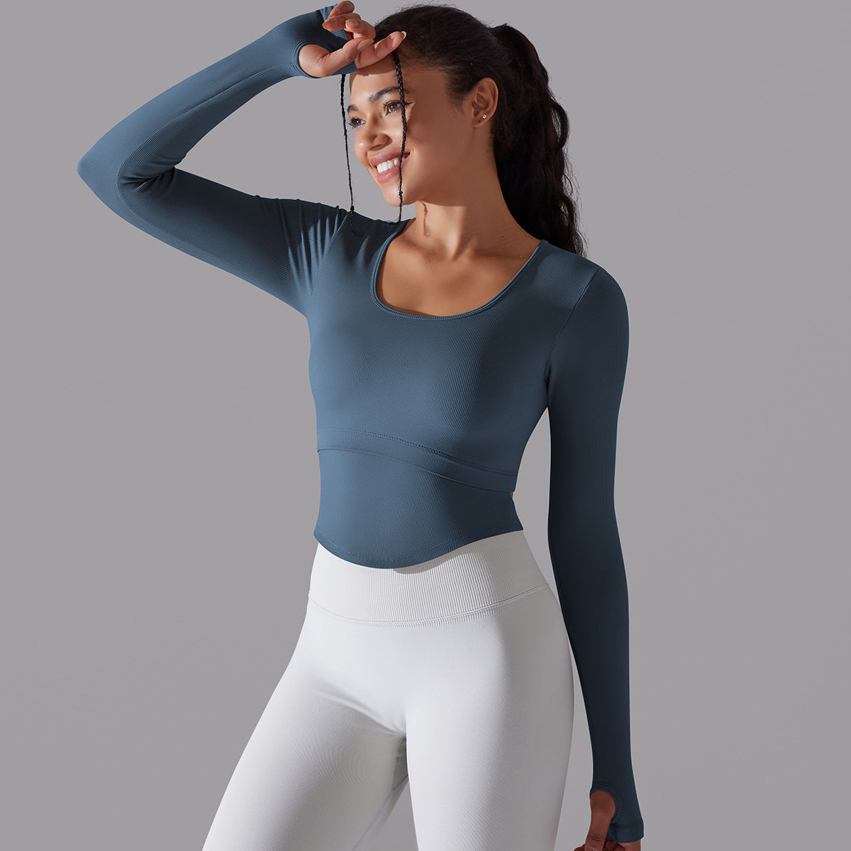 BamBam Seamless Knitting Solid Color Ribbed Sports Yoga Long-Sleeved Running Fitness Yoga Tops For Women - BamBam