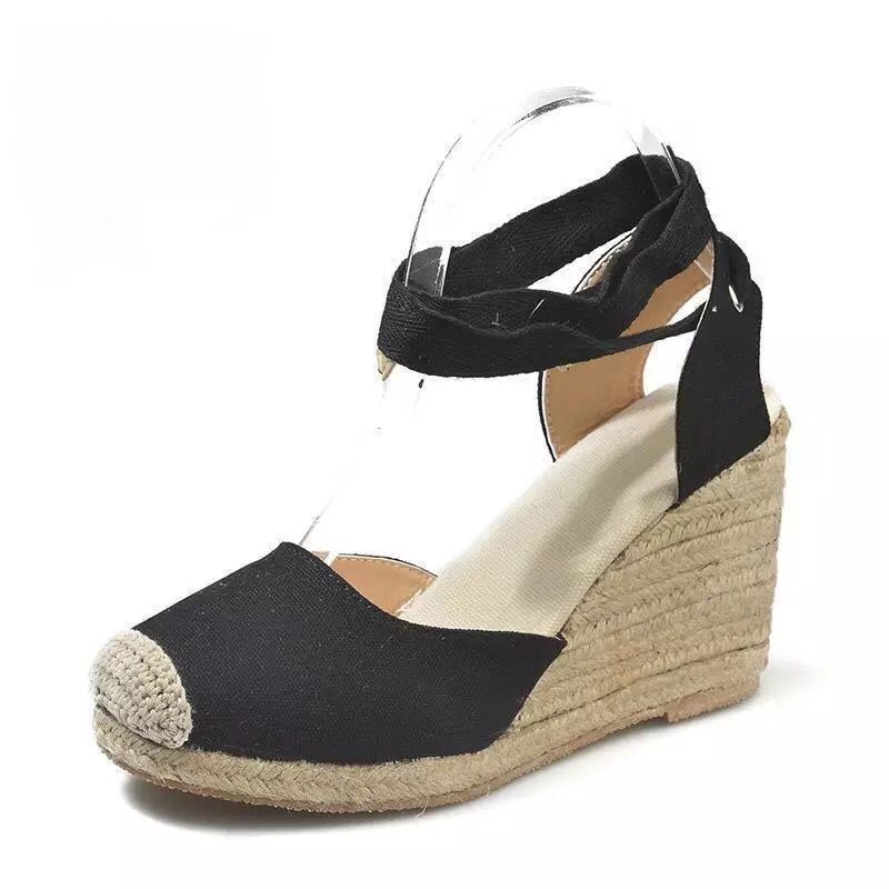 BamBam Summer wedge-heeled thick-soled Lace-Up hemp rope sandals - BamBam