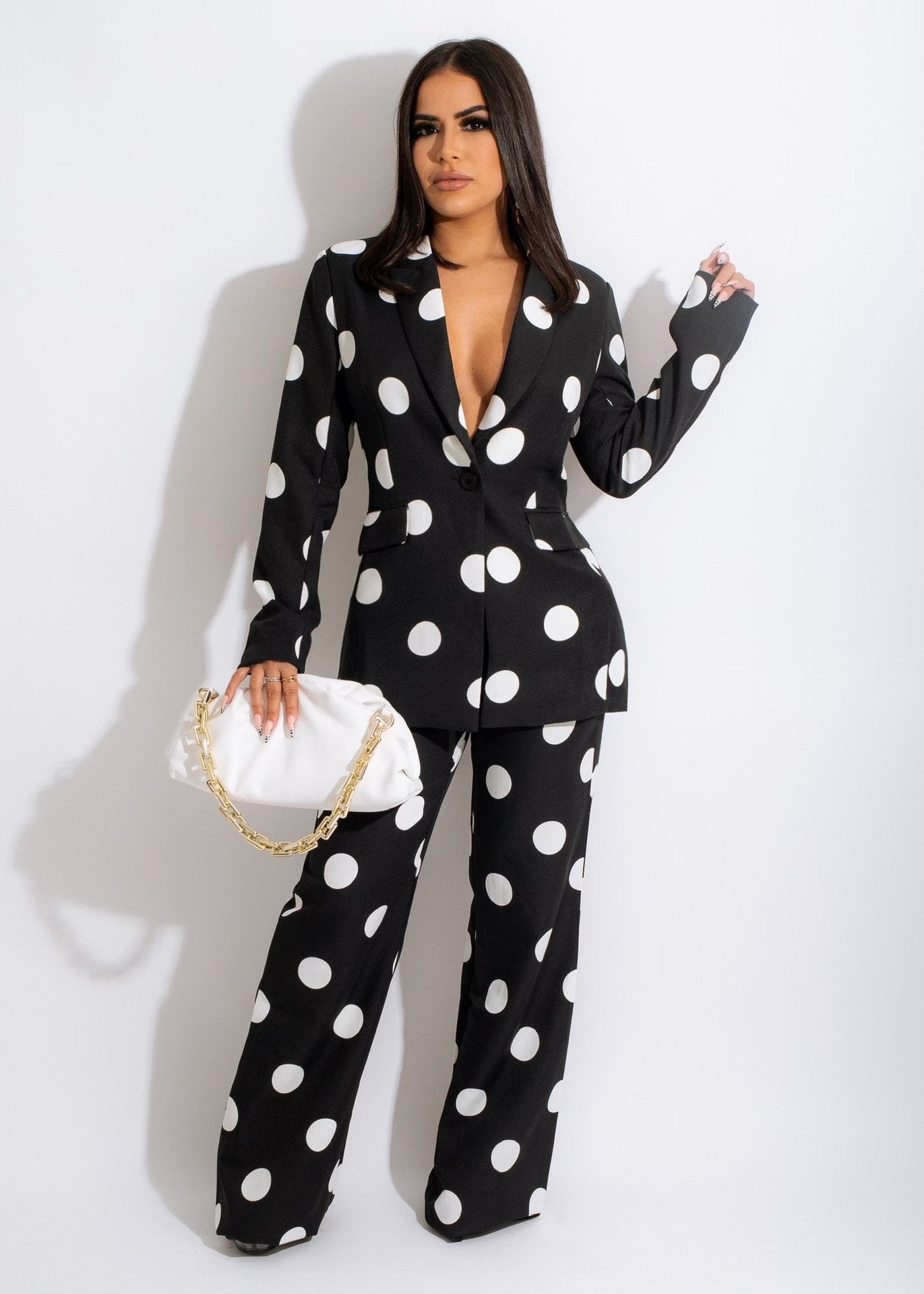 BamBam Women's Fashion Casual Polka Dot Print Blazer Pants Two Piece Suit - BamBam Clothing