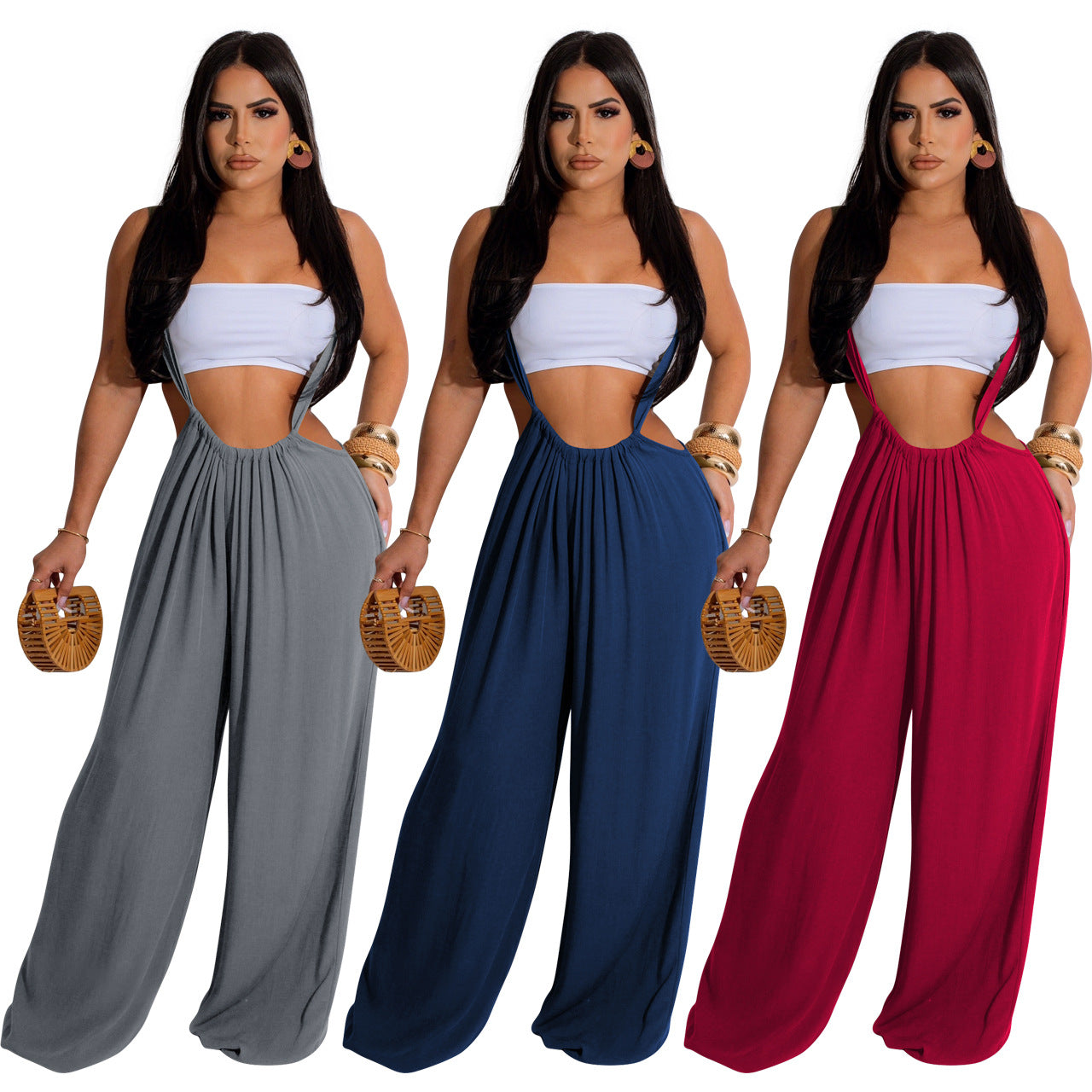 BamBam Women Casual Solid Wide Leg Overalls - BamBam Clothing Clothing