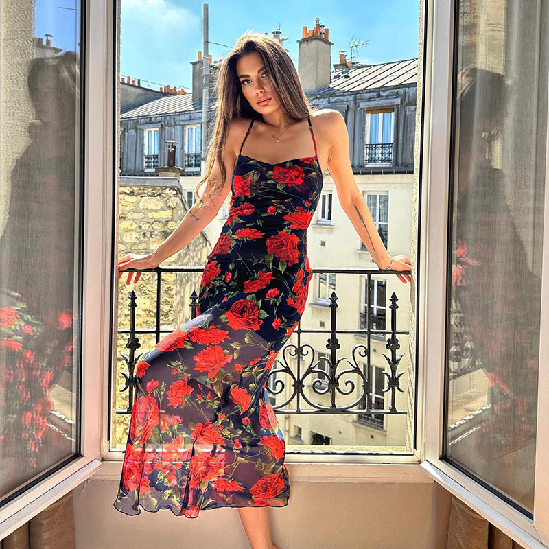 BamBam Printed Strap Floral Dress Spring And Summer Sexy Style Long Dress For Women - BamBam