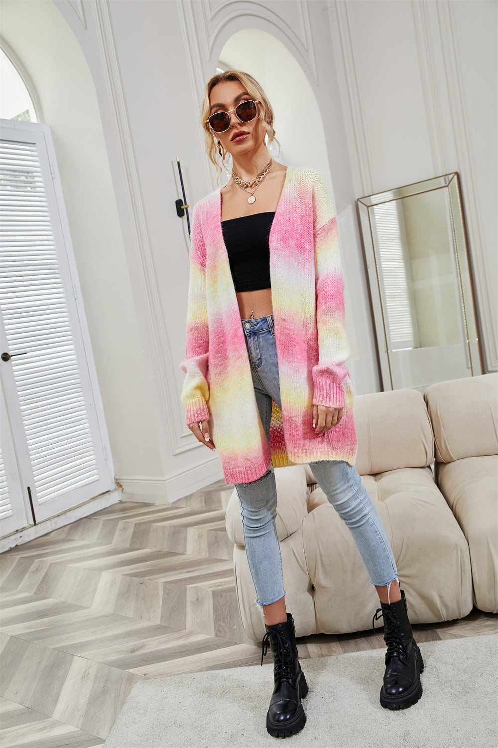 BamBam Winter Sweater Rainbow Tie Dye Plus Size Cardigan Women's Knitting Shirt Jacket - BamBam