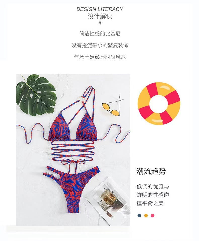 BamBam Bikini Digital Print Drawstring Lace-Up Beach Fashion Swimsuit - BamBam