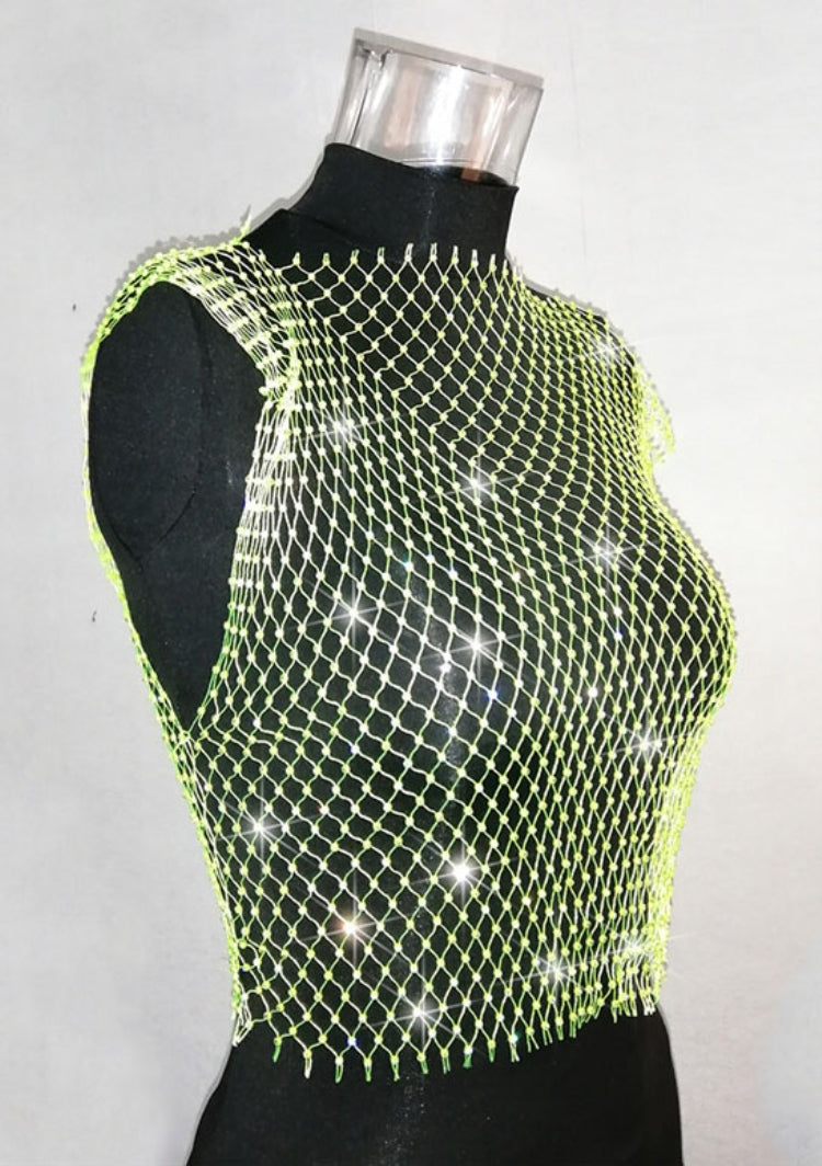 BamBam Summer Sexy Fishnet Beaded Club Crop Top - BamBam