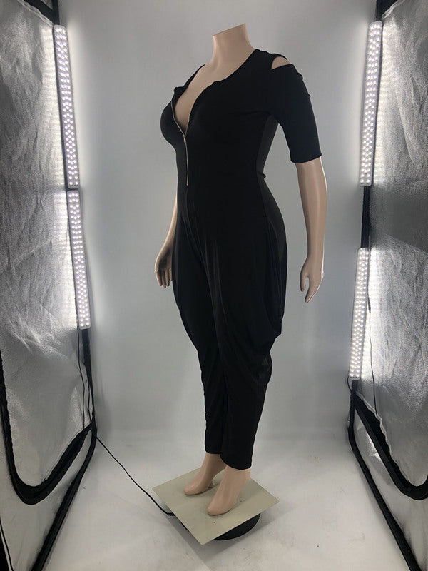 BamBam Plus Size Women Solid Zip Short Sleeve Jumpsuit - BamBam Clothing